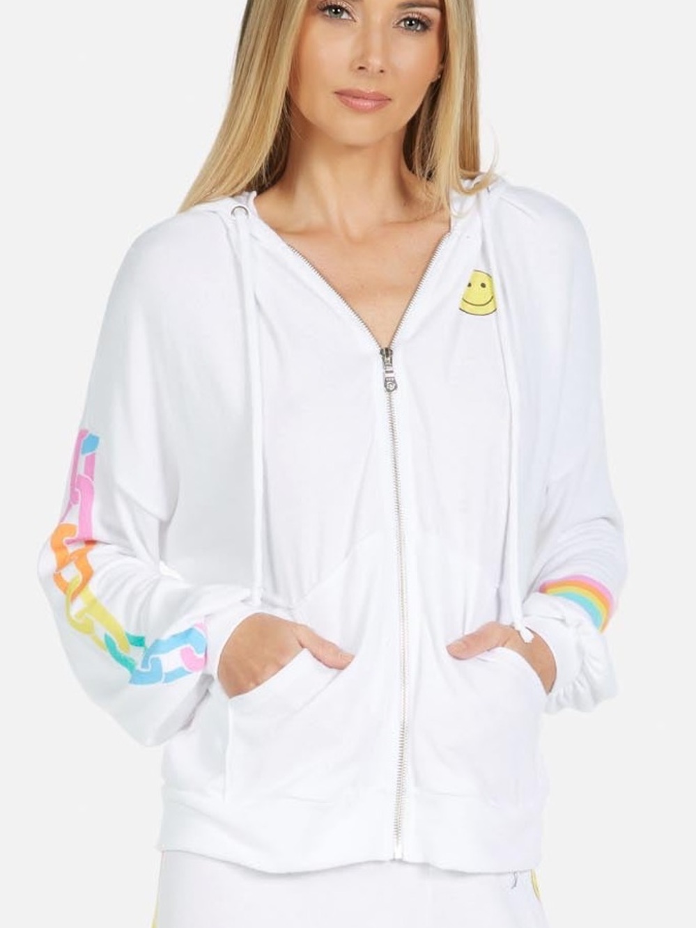 Lauren Moshi Vivica Happy Chains Zip Hoodie White Rainbow Graphic Size Large